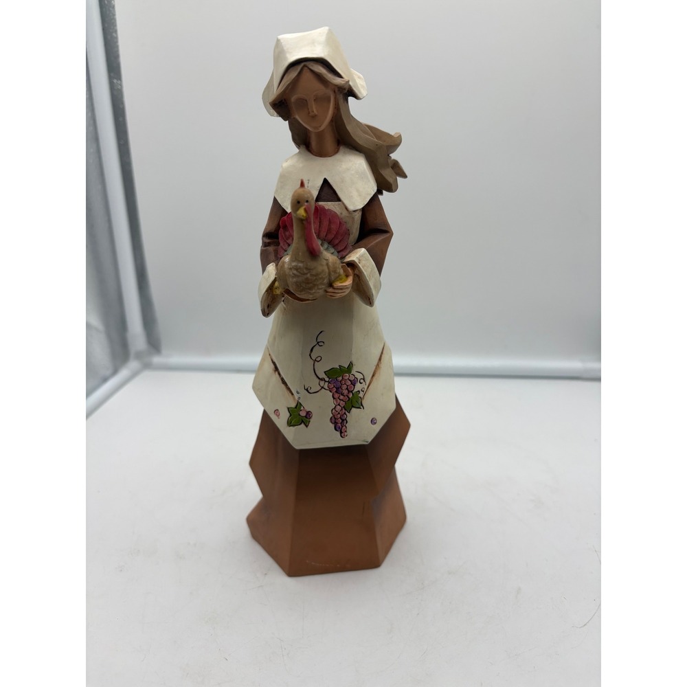 Vintage Pacific Rim Cubist Pilgrim Woman Figurine Resin Wood Look Turkey Grapes